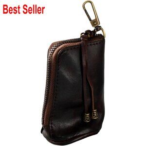 Cowhide Leather Mini Zipper Coin Pouch Keychain Wallet Vintage Storage